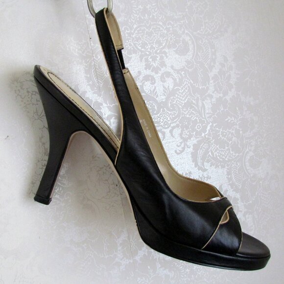 ELLE SHOES, 9, BLACK SLINGBACK PLATFORM HEELS w DAINTY TAN TRIM CLASSIC & LOVELY - Picture 4 of 8
